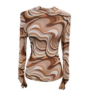 Willow-Root Brown Psychedelic Swirl Mesh Mock Neck Top Womens Medium Retro 70s